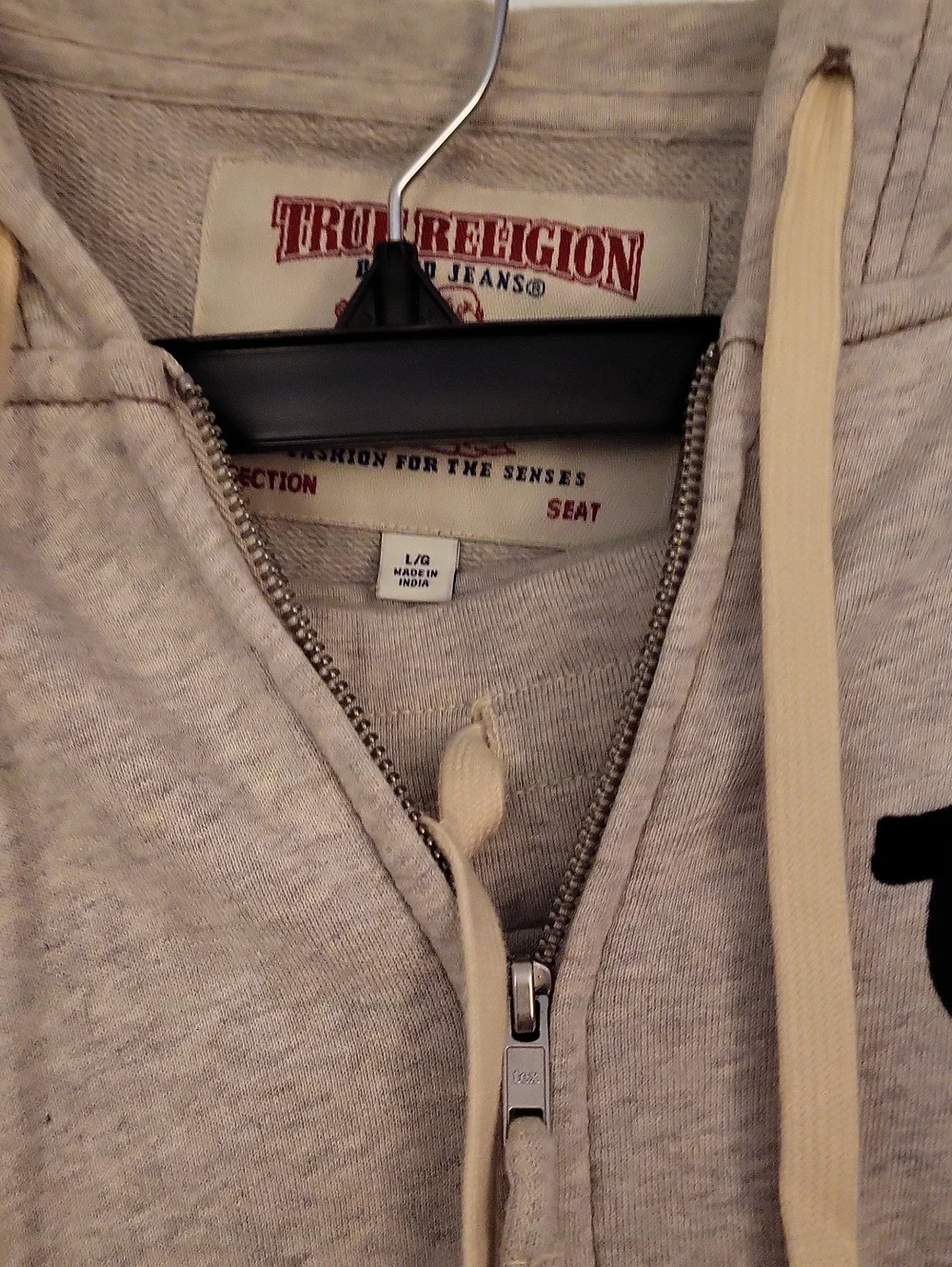 True Religion Light Gray Zip-Up Hoodie with Horseshoe Logo Mens Lg